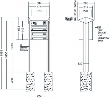 RENZ Briefkastenanlage freistehend, PRISMA, Edelstahl V4A, Kastenformat 370x110x270mm, mit Klingel - & Lichttaster und Vorbereitung Gegensprechanlage, 3-teilig, zum Einbetonieren